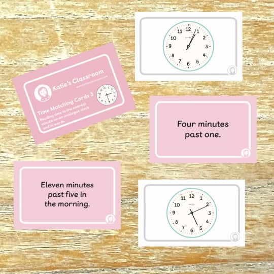 Time Matching Cards 3 - reading time to the nearest minute on an analogue clock and in words.